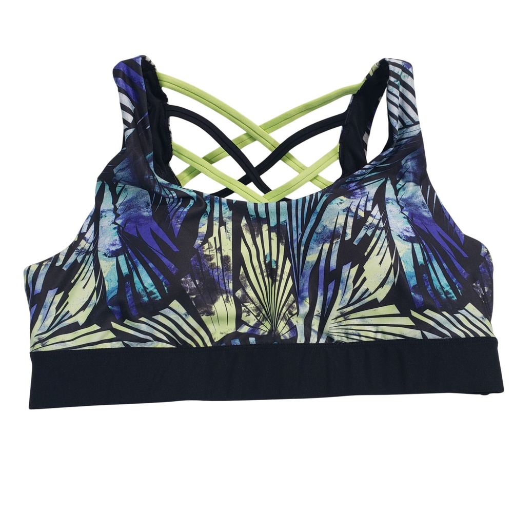 Cascade Sport Performance Tropical Leaf Print‎ Sports Bra XXL Criss Cross Straps